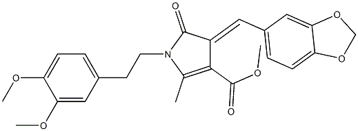 methyl 3-[(Z)-1,3-benzodioxol-5-ylmethylidene]-1-(3,4-dimethoxyphenethyl)-5-methyl-2-oxo-1,2-dihydro-3H-pyrrole-4-carboxylate Struktur