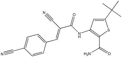 5-(tert-butyl)-3-{[2-cyano-3-(4-cyanophenyl)acryloyl]amino}thiophene-2-carboxamide Struktur