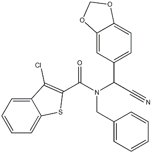 N2-[1,3-benzodioxol-5-yl(cyano)methyl]-N2-benzyl-3-chlorobenzo[b]thiophene-2-carboxamide Struktur