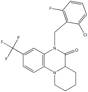 5-(2-chloro-6-fluorobenzyl)-3-(trifluoromethyl)-7,8,9,10-tetrahydro-5H-pyrido[1,2-a]quinoxalin-6(6aH)-one Struktur