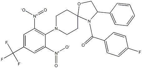 {8-[2,6-dinitro-4-(trifluoromethyl)phenyl]-3-phenyl-1-oxa-4,8-diazaspiro[4.5]dec-4-yl}(4-fluorophenyl)methanone Struktur