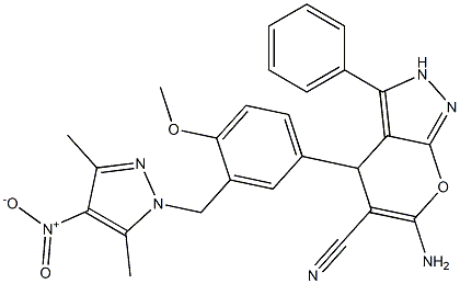 6-amino-4-{3-[(3,5-dimethyl-4-nitro-1H-pyrazol-1-yl)methyl]-4-methoxyphenyl}-3-phenyl-2,4-dihydropyrano[2,3-c]pyrazole-5-carbonitrile Struktur