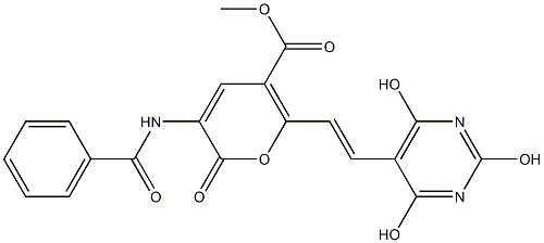 methyl 3-(benzoylamino)-2-oxo-6-[(E)-2-(2,4,6-trihydroxy-5-pyrimidinyl)ethenyl]-2H-pyran-5-carboxylate Struktur