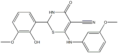 2-(2-hydroxy-3-methoxyphenyl)-6-(3-methoxyanilino)-4-oxo-3,4-dihydro-2H-1,3-thiazine-5-carbonitrile Struktur