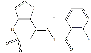 2,6-difluoro-N'-[1-methyl-2,2-dioxo-2,3-dihydro-2lambda~6~-thieno[3,2-c][1,2]thiazin-4(1H)-yliden]benzenecarbohydrazide Struktur