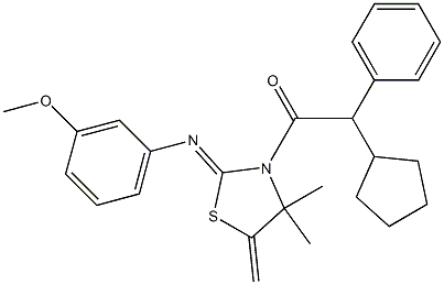 2-cyclopentyl-1-{2-[(3-methoxyphenyl)imino]-4,4-dimethyl-5-methylidene-1,3-thiazolan-3-yl}-2-phenylethan-1-one Struktur