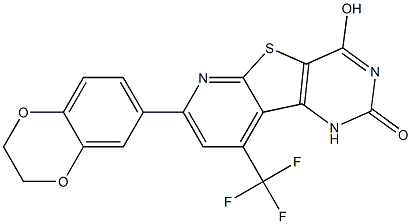 7-(2,3-dihydro-1,4-benzodioxin-6-yl)-4-hydroxy-9-(trifluoromethyl)pyrido[3',2':4,5]thieno[3,2-d]pyrimidin-2(1H)-one Struktur