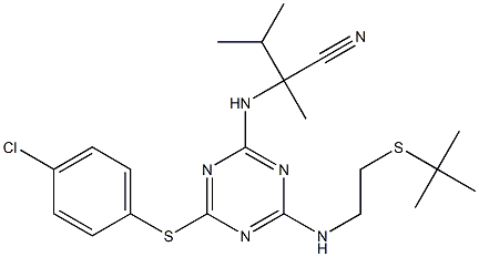 2-({4-{[2-(tert-butylthio)ethyl]amino}-6-[(4-chlorophenyl)thio]-1,3,5-triaz in-2-yl}amino)-2,3-dimethylbutanenitrile Struktur