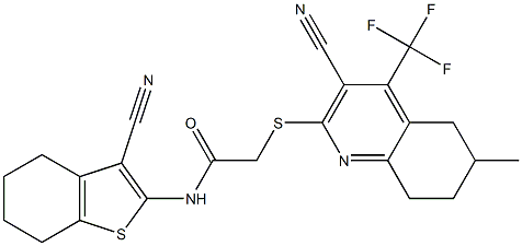 2-{[3-cyano-6-methyl-4-(trifluoromethyl)-5,6,7,8-tetrahydro-2-quinolinyl]sulfanyl}-N-(3-cyano-4,5,6,7-tetrahydro-1-benzothiophen-2-yl)acetamide Struktur