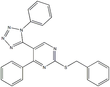 2-(benzylthio)-4-phenyl-5-(1-phenyl-1H-1,2,3,4-tetraazol-5-yl)pyrimidine Struktur