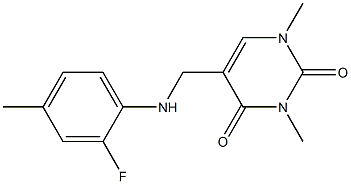 5-{[(2-fluoro-4-methylphenyl)amino]methyl}-1,3-dimethyl-1,2,3,4-tetrahydropyrimidine-2,4-dione Struktur