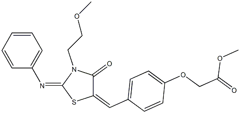 methyl (4-{[3-(2-methoxyethyl)-4-oxo-2-(phenylimino)-1,3-thiazolidin-5-ylidene]methyl}phenoxy)acetate Struktur