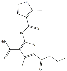 ethyl 4-(aminocarbonyl)-3-methyl-5-[(2-methyl-3-furoyl)amino]thiophene-2-carboxylate Struktur