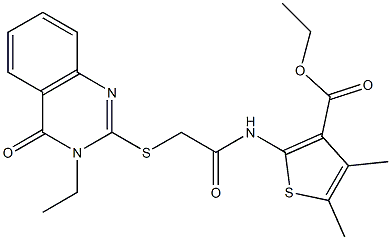 ethyl 2-({[(3-ethyl-4-oxo-3,4-dihydroquinazolin-2-yl)sulfanyl]acetyl}amino)-4,5-dimethylthiophene-3-carboxylate Struktur