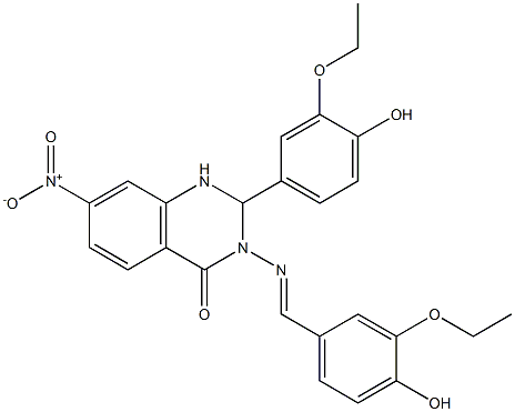 3-[(3-ethoxy-4-hydroxybenzylidene)amino]-2-(3-ethoxy-4-hydroxyphenyl)-7-nitro-2,3-dihydro-4(1H)-quinazolinone Struktur