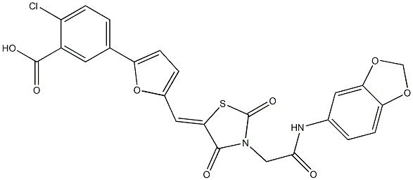 5-[5-({3-[2-(1,3-benzodioxol-5-ylamino)-2-oxoethyl]-2,4-dioxo-1,3-thiazolidin-5-ylidene}methyl)-2-furyl]-2-chlorobenzoic acid Struktur