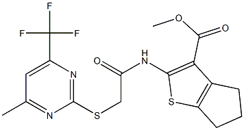 methyl 2-[({[4-methyl-6-(trifluoromethyl)-2-pyrimidinyl]sulfanyl}acetyl)amino]-5,6-dihydro-4H-cyclopenta[b]thiophene-3-carboxylate Struktur