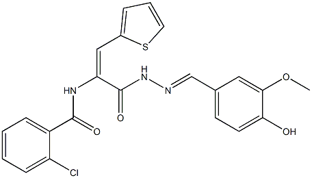 2-chloro-N-[1-{[2-(4-hydroxy-3-methoxybenzylidene)hydrazino]carbonyl}-2-(2-thienyl)vinyl]benzamide Struktur