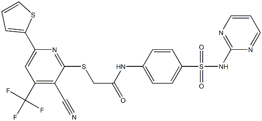 2-{[3-cyano-6-thien-2-yl-4-(trifluoromethyl)pyridin-2-yl]sulfanyl}-N-{4-[(pyrimidin-2-ylamino)sulfonyl]phenyl}acetamide Struktur