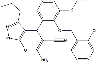 6-amino-4-{2-[(2-chlorobenzyl)oxy]-3-ethoxyphenyl}-3-propyl-1,4-dihydropyrano[2,3-c]pyrazole-5-carbonitrile Struktur