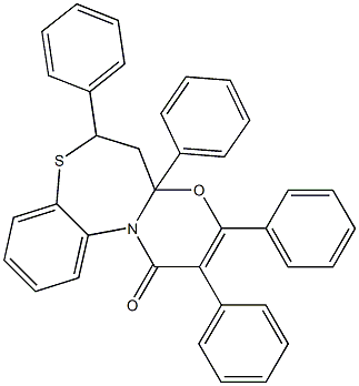 2,3,4a,6-tetraphenyl-5,6-dihydro-1H,4aH-[1,3]oxazino[2,3-d][1,5]benzothiazepin-1-one Struktur