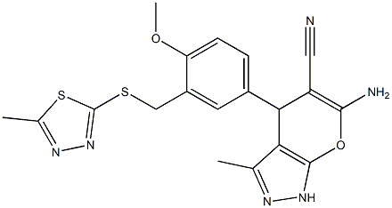 6-amino-4-(4-methoxy-3-{[(5-methyl-1,3,4-thiadiazol-2-yl)sulfanyl]methyl}phenyl)-3-methyl-1,4-dihydropyrano[2,3-c]pyrazole-5-carbonitrile Struktur