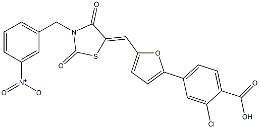 2-chloro-4-{5-[(3-{3-nitrobenzyl}-2,4-dioxo-1,3-thiazolidin-5-ylidene)methyl]-2-furyl}benzoic acid Struktur