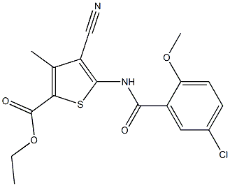 ethyl 5-[(5-chloro-2-methoxybenzoyl)amino]-4-cyano-3-methyl-2-thiophenecarboxylate Struktur