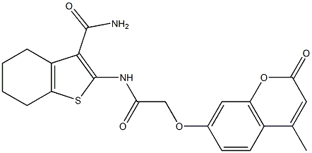 2-({[(4-methyl-2-oxo-2H-chromen-7-yl)oxy]acetyl}amino)-4,5,6,7-tetrahydro-1-benzothiophene-3-carboxamide Struktur