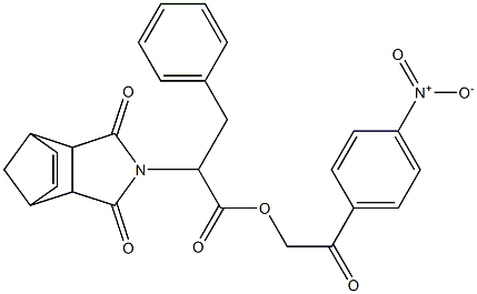 2-{4-nitrophenyl}-2-oxoethyl 2-(3,5-dioxo-4-azatricyclo[5.2.1.0~2,6~]dec-8-en-4-yl)-3-phenylpropanoate Struktur