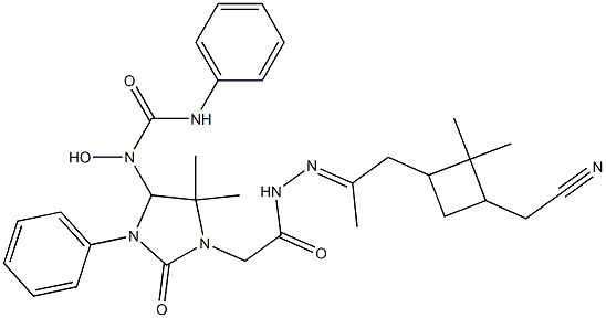 N-{1-[2-(2-{2-[3-(cyanomethyl)-2,2-dimethylcyclobutyl]-1-methylethylidene}hydrazino)-2-oxoethyl]-5,5-dimethyl-2-oxo-3-phenyl-4-imidazolidinyl}-N-hydroxy-N'-phenylurea Struktur