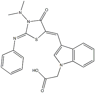 (3-{[3-(dimethylamino)-4-oxo-2-(phenylimino)-1,3-thiazolidin-5-ylidene]methyl}-1H-indol-1-yl)acetic acid Struktur