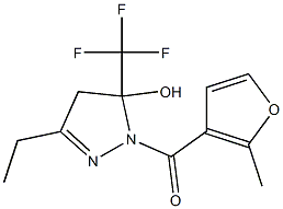 3-ethyl-1-(2-methyl-3-furoyl)-5-(trifluoromethyl)-4,5-dihydro-1H-pyrazol-5-ol Struktur