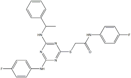 2-({4-(4-fluoroanilino)-6-[(1-phenylethyl)amino]-1,3,5-triazin-2-yl}sulfanyl)-N-(4-fluorophenyl)acetamide Struktur