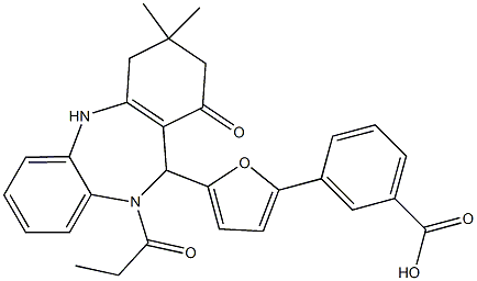 3-[5-(3,3-dimethyl-1-oxo-10-propionyl-2,3,4,5,10,11-hexahydro-1H-dibenzo[b,e][1,4]diazepin-11-yl)-2-furyl]benzoic acid Struktur