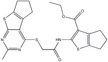 ethyl 2-({[(2-methyl-6,7-dihydro-5H-cyclopenta[4,5]thieno[2,3-d]pyrimidin-4-yl)sulfanyl]acetyl}amino)-5,6-dihydro-4H-cyclopenta[b]thiophene-3-carboxylate Struktur