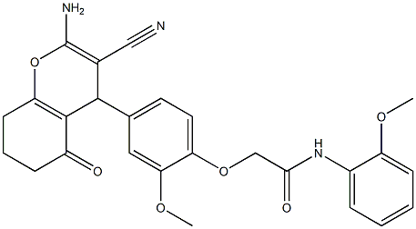 2-[4-(2-amino-3-cyano-5-oxo-5,6,7,8-tetrahydro-4H-chromen-4-yl)-2-methoxyphenoxy]-N-(2-methoxyphenyl)acetamide Struktur