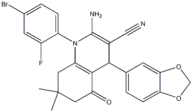 2-amino-4-(1,3-benzodioxol-5-yl)-1-(4-bromo-2-fluorophenyl)-7,7-dimethyl-5-oxo-1,4,5,6,7,8-hexahydro-3-quinolinecarbonitrile Struktur