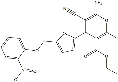 ethyl 6-amino-5-cyano-4-[5-({2-nitrophenoxy}methyl)-2-furyl]-2-methyl-4H-pyran-3-carboxylate Struktur