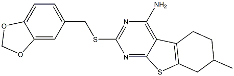 2-[(1,3-benzodioxol-5-ylmethyl)sulfanyl]-7-methyl-5,6,7,8-tetrahydro[1]benzothieno[2,3-d]pyrimidin-4-amine Struktur