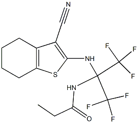 N-[1-[(3-cyano-4,5,6,7-tetrahydro-1-benzothiophen-2-yl)amino]-2,2,2-trifluoro-1-(trifluoromethyl)ethyl]propanamide Struktur