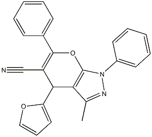 4-(2-furyl)-3-methyl-1,6-diphenyl-1,4-dihydropyrano[2,3-c]pyrazole-5-carbonitrile Struktur