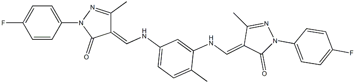 2-(4-fluorophenyl)-4-{[5-({[1-(4-fluorophenyl)-3-methyl-5-oxo-1,5-dihydro-4H-pyrazol-4-ylidene]methyl}amino)-2-methylanilino]methylene}-5-methyl-2,4-dihydro-3H-pyrazol-3-one Struktur