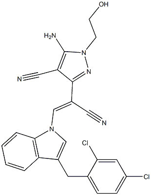 5-amino-3-{1-cyano-2-[3-(2,4-dichlorobenzyl)-1H-indol-1-yl]vinyl}-1-(2-hydroxyethyl)-1H-pyrazole-4-carbonitrile Struktur