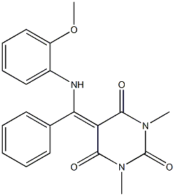 5-[(2-methoxyanilino)(phenyl)methylene]-1,3-dimethyl-2,4,6(1H,3H,5H)-pyrimidinetrione Struktur