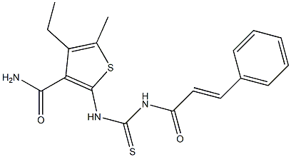 4-ethyl-5-methyl-2-[({[(E)-3-phenyl-2-propenoyl]amino}carbothioyl)amino]-3-thiophenecarboxamide Struktur