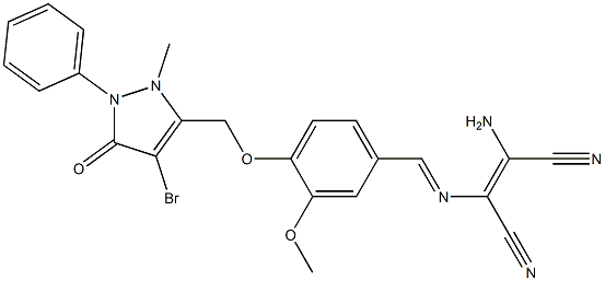 (Z)-2-amino-3-[((E)-{4-[(4-bromo-2-methyl-5-oxo-1-phenyl-2,5-dihydro-1H-pyrazol-3-yl)methoxy]-3-methoxyphenyl}methylidene)amino]-2-butenedinitrile Struktur