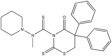 N-Piperidino-N-methyl-5,6-dihydro-4-oxo-5,5-diphenyl-2-thioxo-4H-1,3-thiazine-3(2H)-carbothioamide Struktur