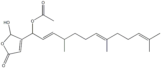 Acetic acid 1-[(2,5-dihydro-2-hydroxy-5-oxofuran)-3-yl]-4,8,12-trimethyl-2,7,11-tridecatrienyl ester Struktur