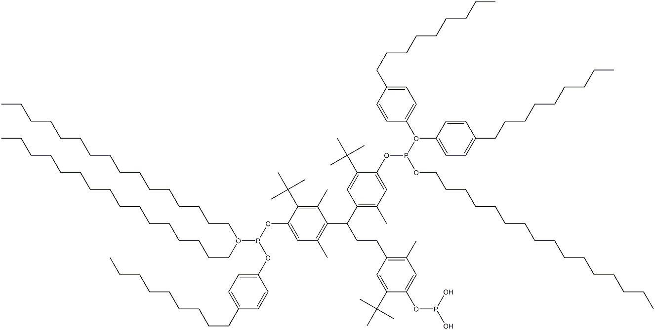 [3-Methyl-1,1,3-propanetriyltris(2-tert-butyl-5-methyl-4,1-phenyleneoxy)]tris(phosphonous acid)O,O',O'-trihexadecyl O,O'',O''-tris(4-nonylphenyl) ester Struktur